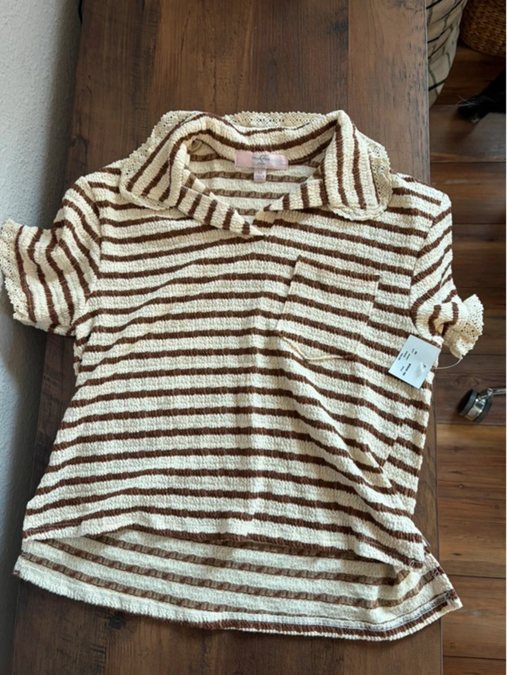 NWT Youth Moa Moa Girls brown/cream striped textured top size M
